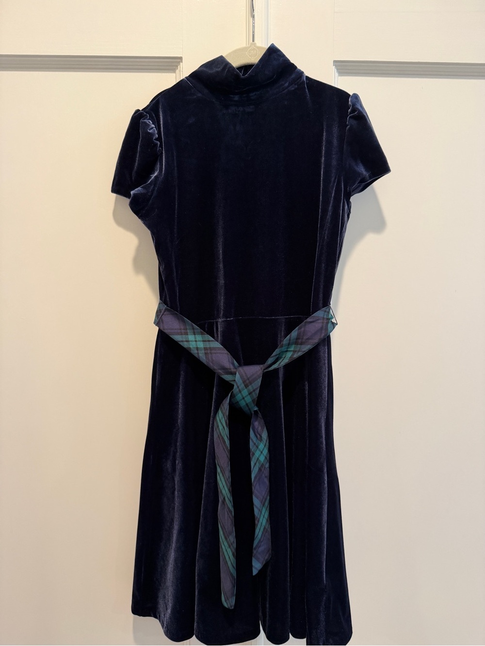 Polo Ralph Lauren Girls Navy Velvet Dress Plaid Belt Sz M (8-10)
